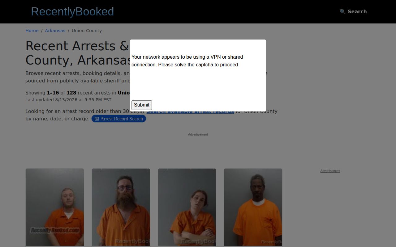 Unofficial Recently Booked Union County mugshot news interface