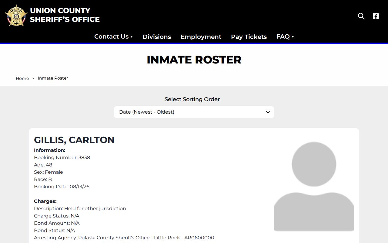 Union County busted mugshots current jail roster search interface