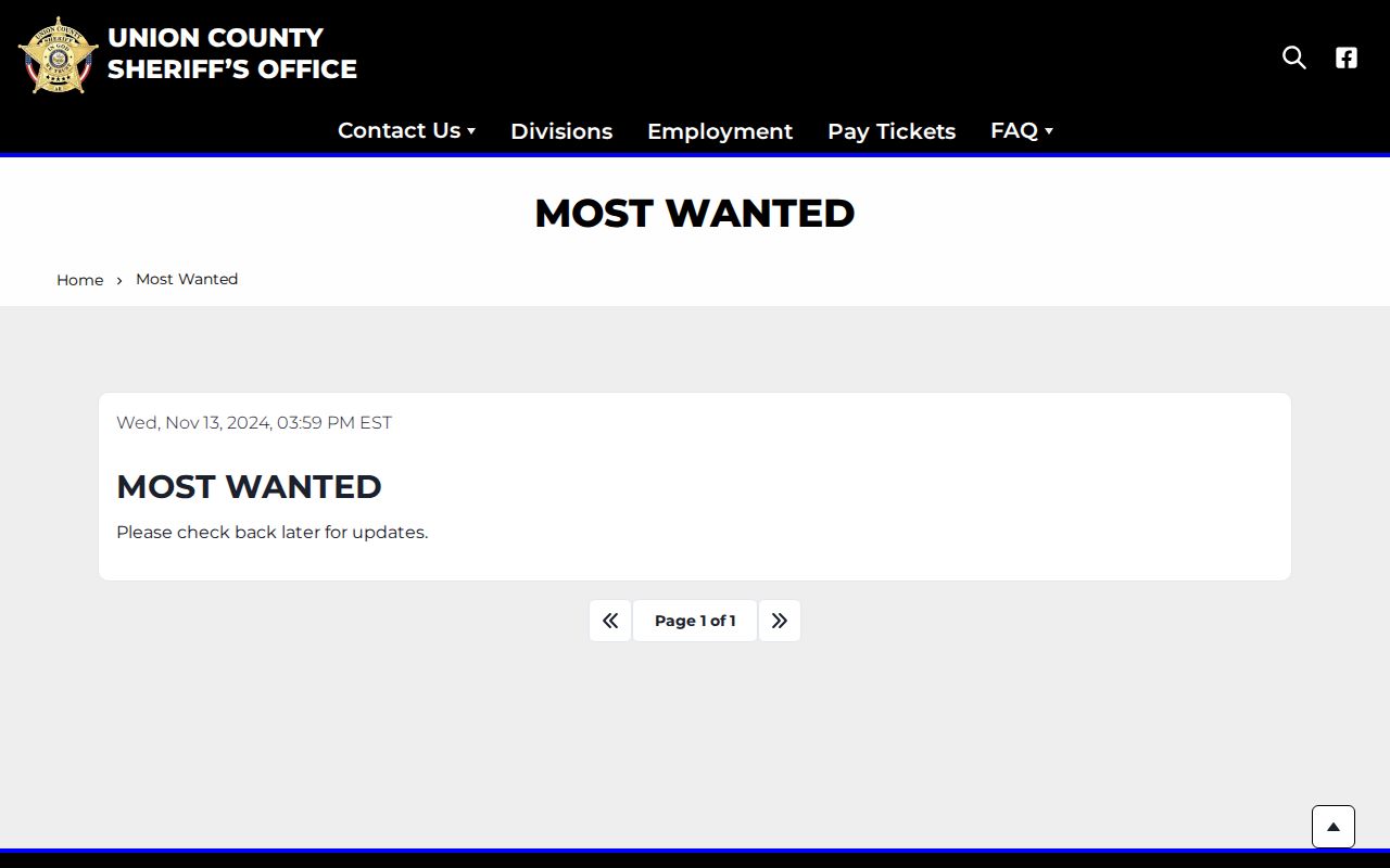 Union County Sheriff's Most Wanted page showing its empty official status