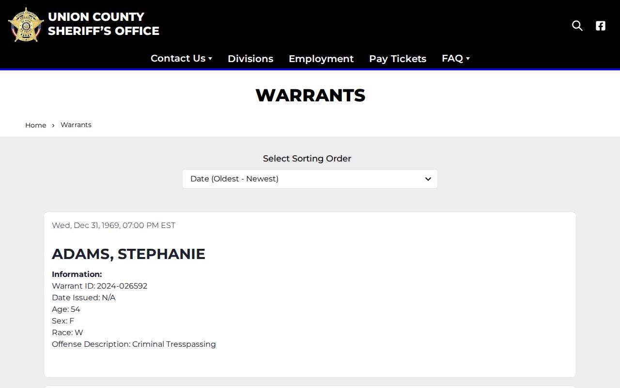 Union County warrant search controls and text record fields